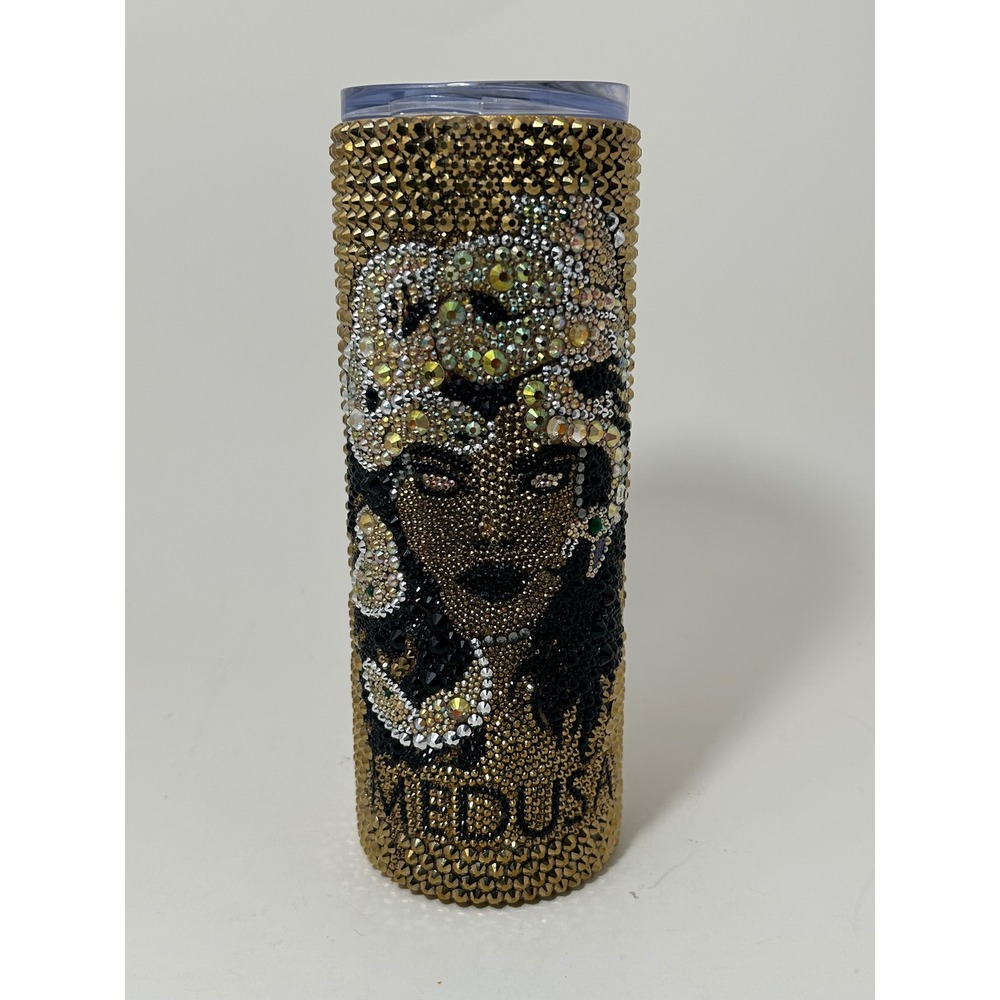Medusa Rhinestone Bling Tumbler‎ Gold Black Crystal Insulated Travel Cup Lid